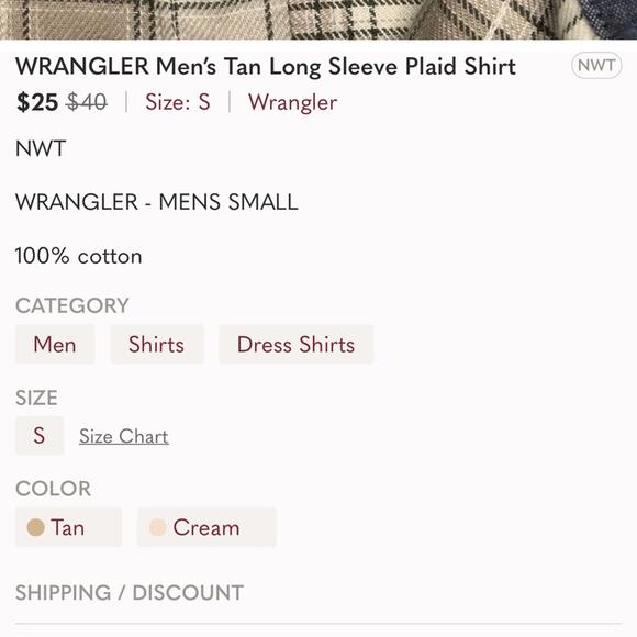 WRANGLER Men’s Small Tan Long Sleeve Plaid Flannel Shirt - Picture 4 of 4